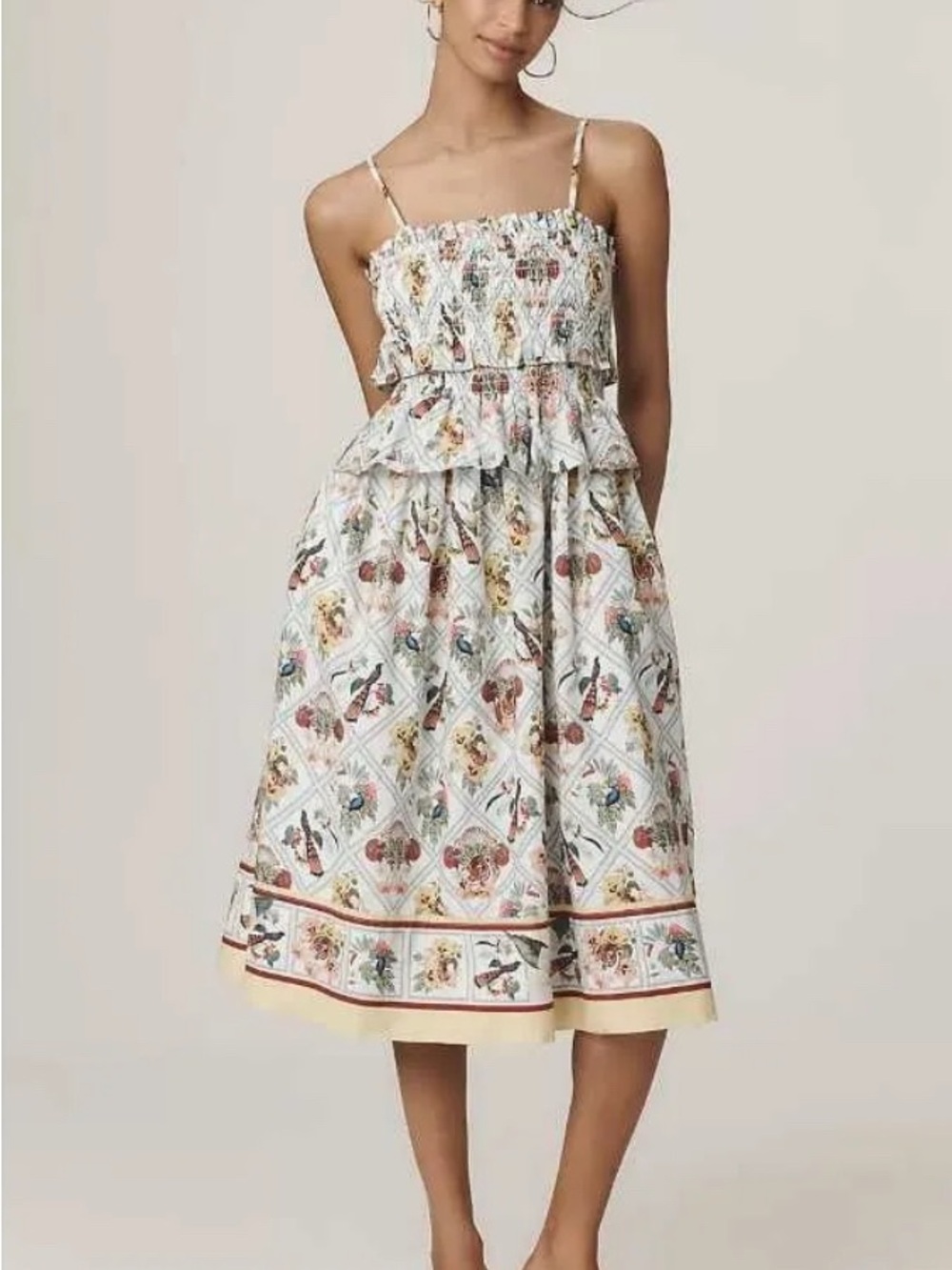 Anthropologie | Tigers Giraffes Birds & animals smocked peplum midi dress XS